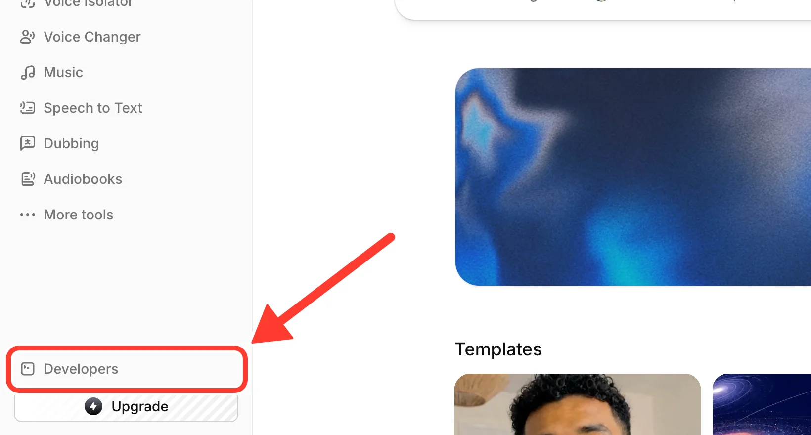 The ElevenLabs home page, with Developers highlighted at the bottom of the sidebar
