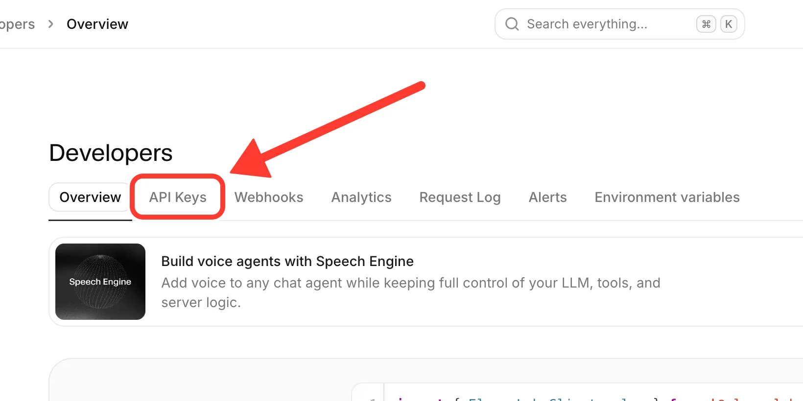 The Developers page in ElevenLabs, with the API Keys tab highlighted