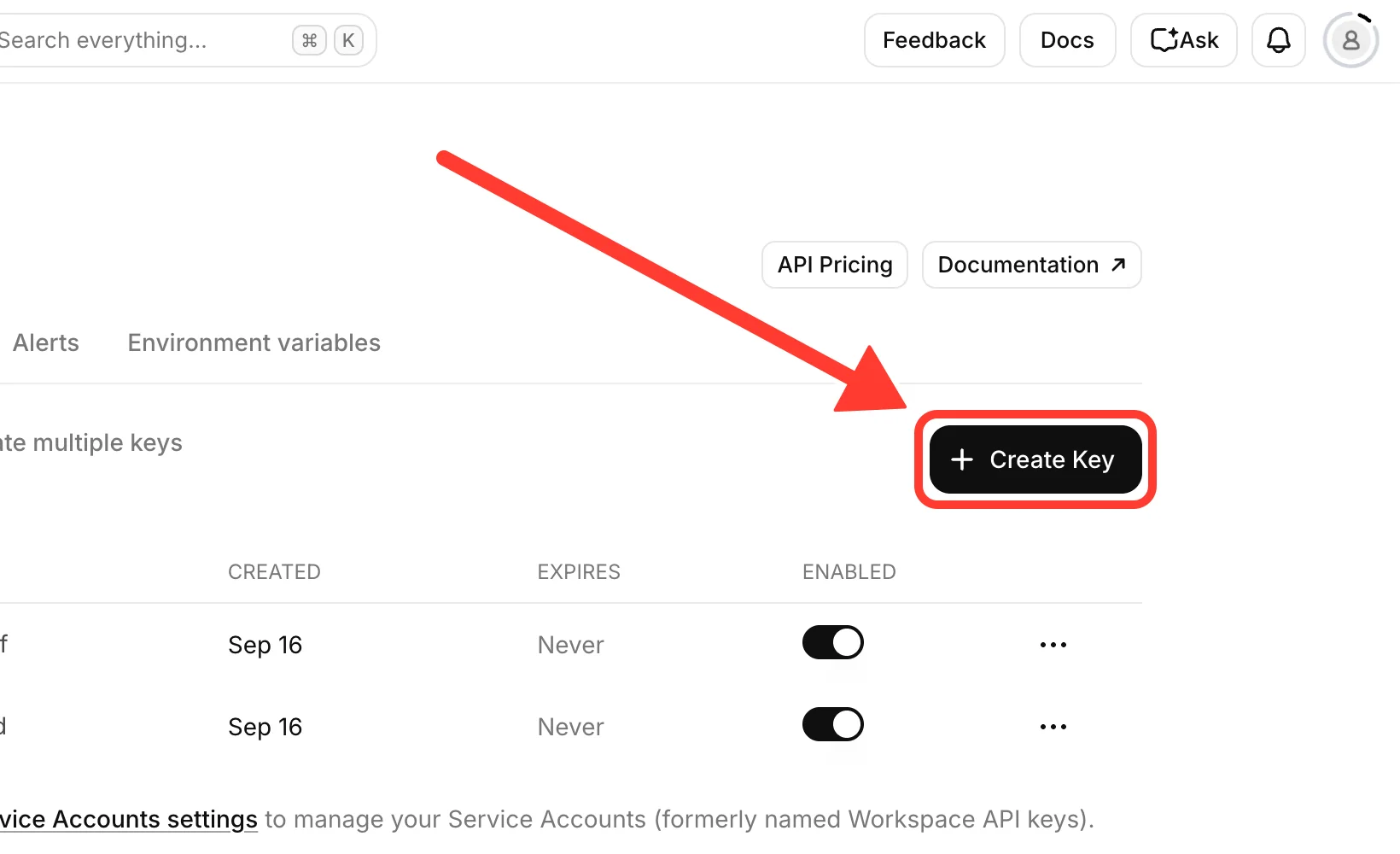The API Keys tab in ElevenLabs, with the Create Key button highlighted