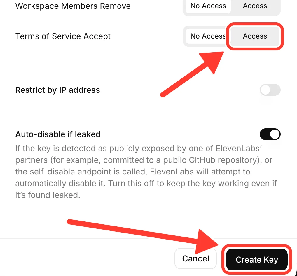 The bottom of the Create API Key panel in ElevenLabs, with Access highlighted for Terms of Service Accept and the Create Key button highlighted