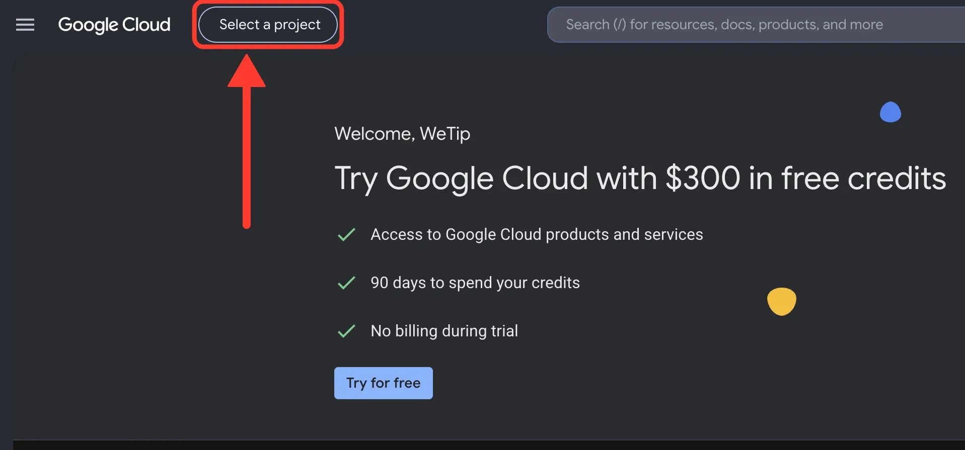 The Google Cloud console home page, with Select a project highlighted