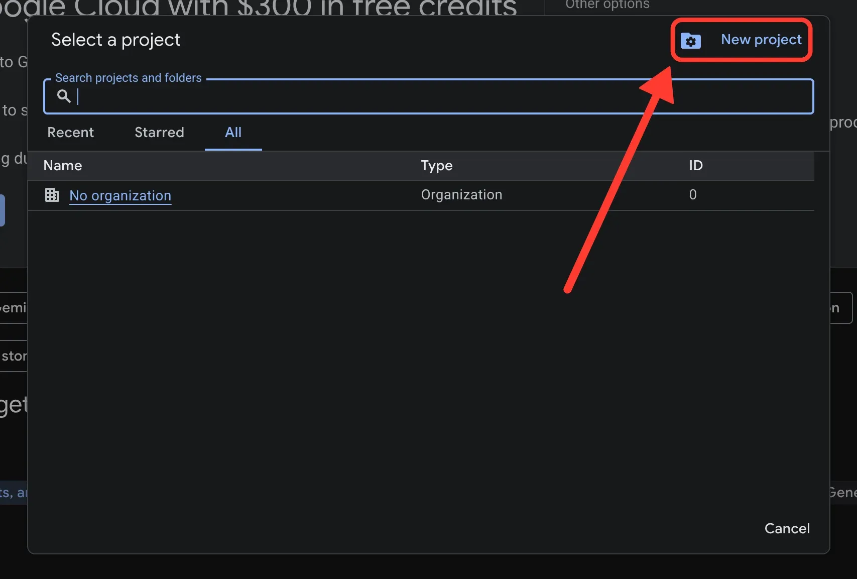 The Select a project window, with New project highlighted