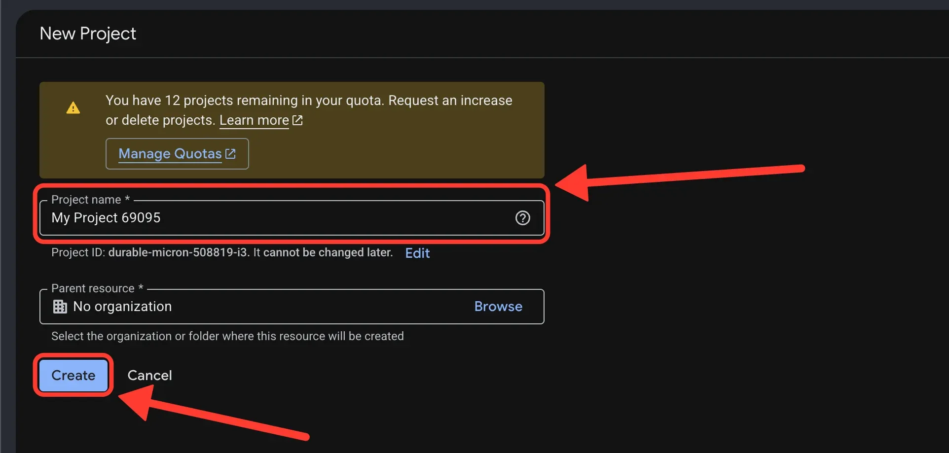 The New Project form, with the Project name field and the Create button highlighted