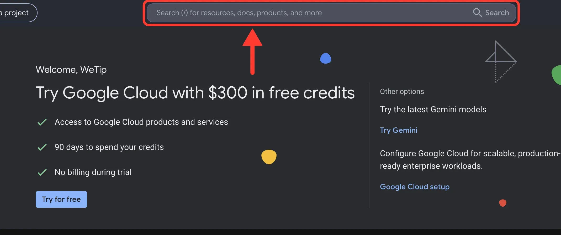 The Google Cloud console, with the search bar highlighted