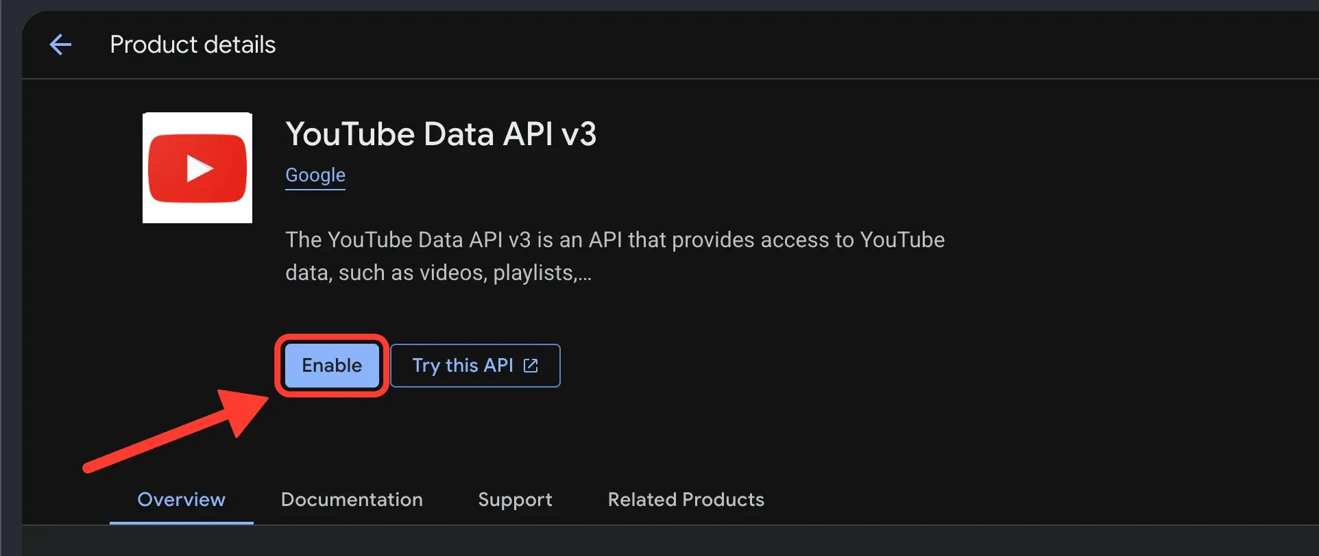 The YouTube Data API v3 product page, with the Enable button highlighted
