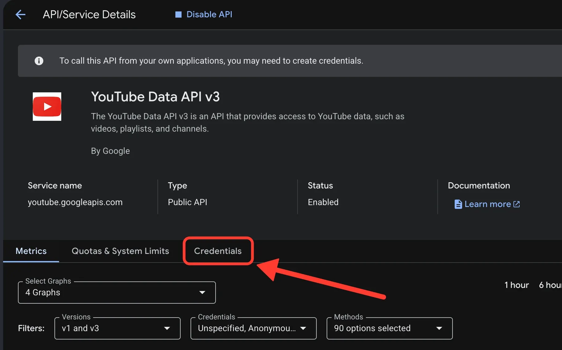 The YouTube Data API v3 details page, with the Credentials tab highlighted