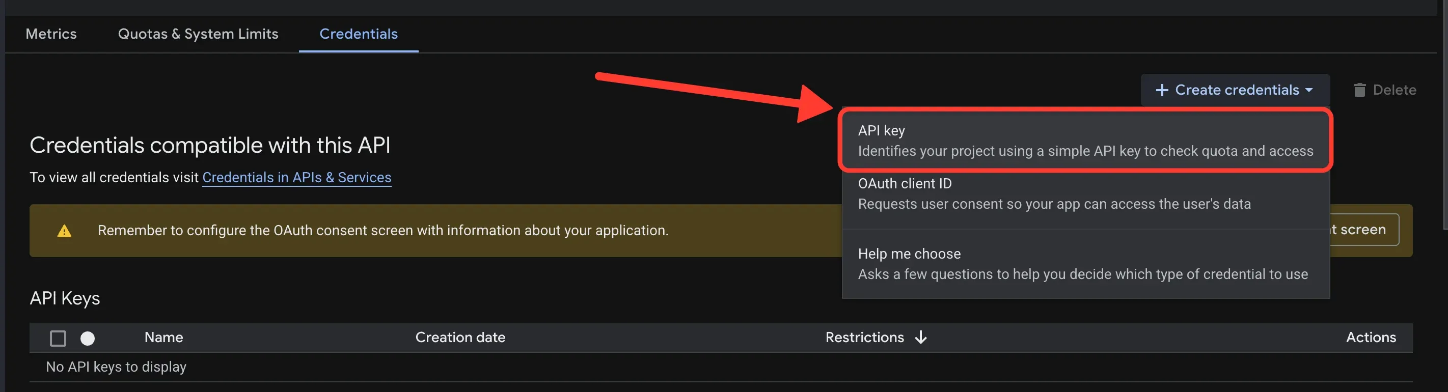 The Create credentials menu, with API key highlighted