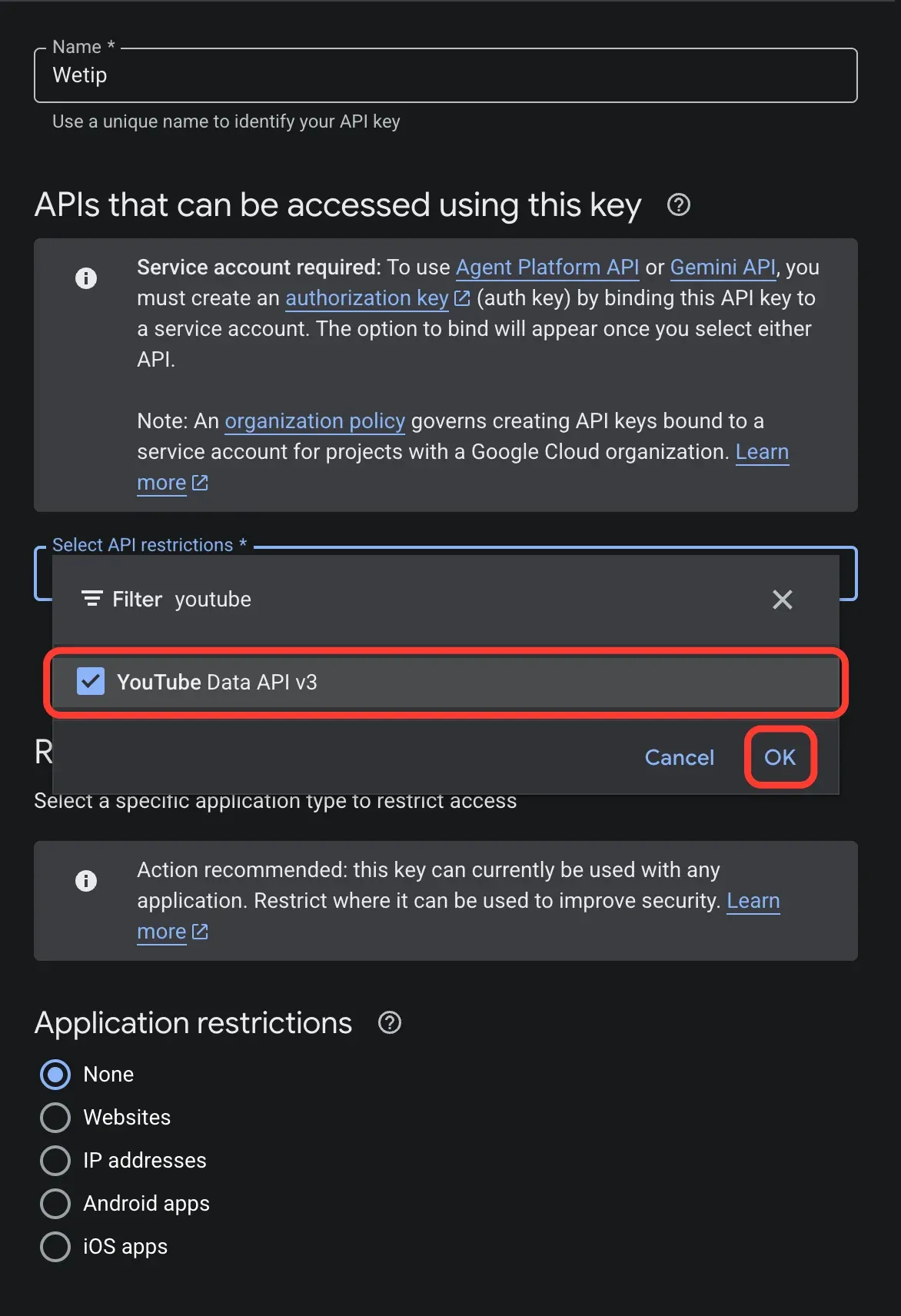 The API restrictions list, with YouTube Data API v3 ticked and OK highlighted